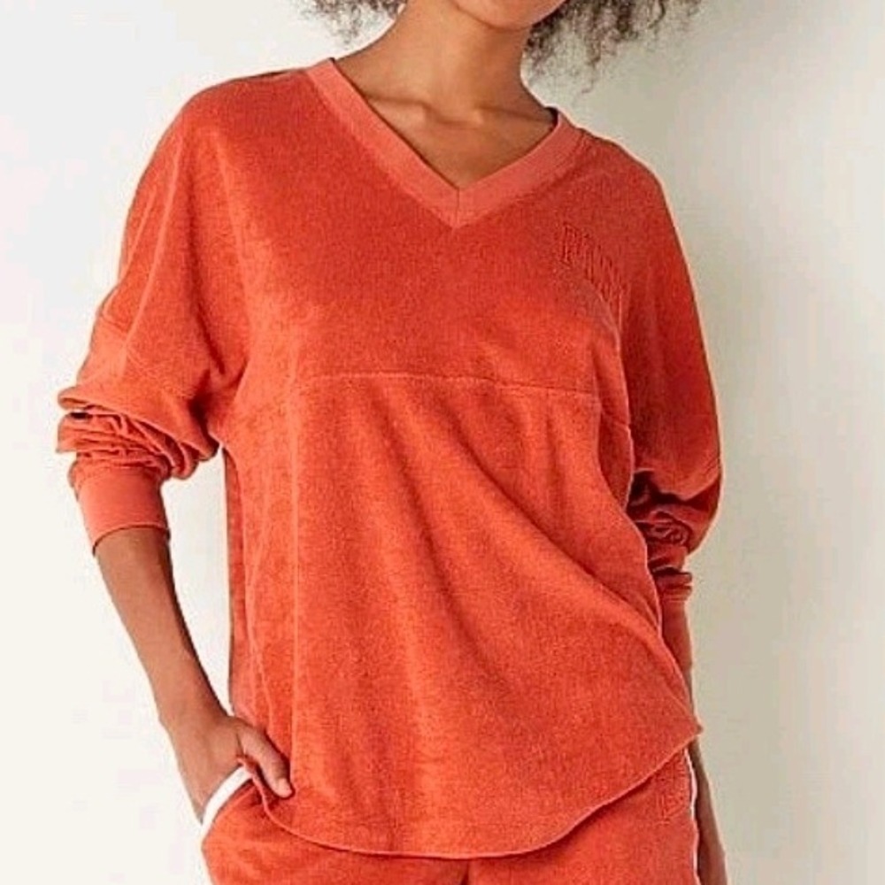 PINK Victoria's Secret Pullover Sweater Women's Size M Coral Terry Cloth V neck